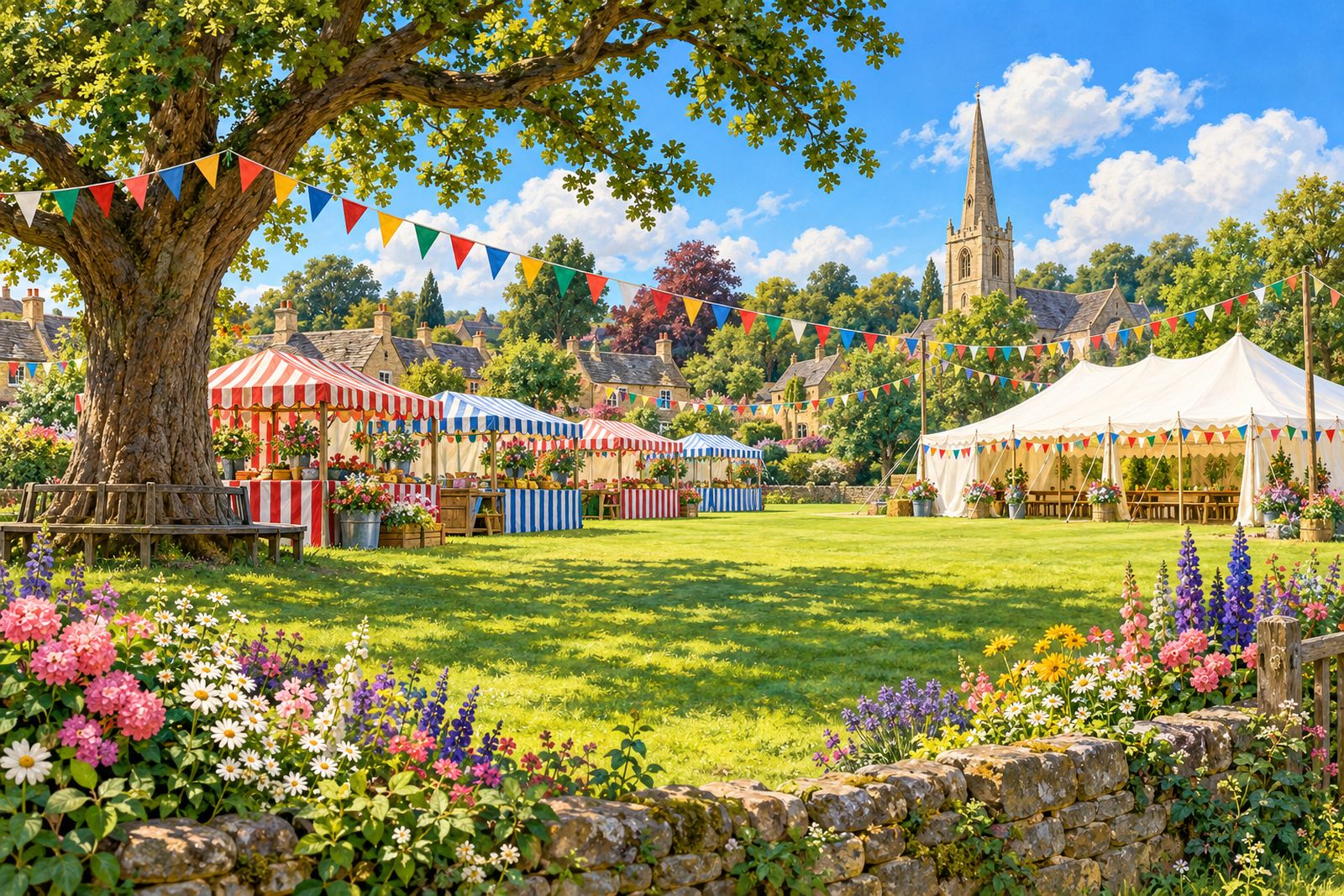 A village green on fête day with bunting, striped stalls and a white marquee